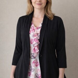 Bundle: Sunny Leigh Pink and White Ruffled Blouse + Black Wrapper Jacket